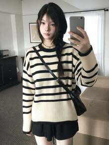 Cardigan Rajut Bergaris Musim Gugur/Dingin Baru, Sweater Longgar Model Slouchy Baru untuk Awal Musim Gugur - Aprikot - View 1