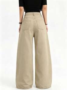 1 Stück Damen Lässig Loose Fit Weite Bein Khaki Jeans, bequeme Alltagshose im Street-Style für alle Jahreszeiten (Gürtel/Accessoires nicht enthalten) - Khaki - Übersicht 2