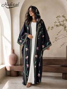 Hafizah Modest Printed Cardigan & Hijab 2 Pieces Abaya Set, Elegant Versatile Long Robe For Outdoor Wear - Black - View 2