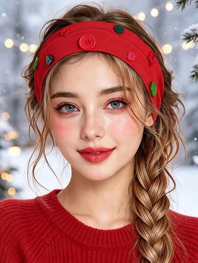 2pcs Women's Christmas Wide Headbands, Red & Green Colorful Round Flower Shaped Button Decor Elastic Fabric Headbands, Cute Christmas Style Hair Accessories, Non-Slip, Suitable For Holiday Parties, Daily Ball Decoration Matching