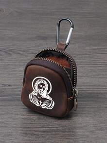 Mini Zipper Wallet With Jesus Design (With Snap Closure), Portable PU Leather Headphone Pouch, Small Key And Card Holder, Original Coin Purse, Zipper Earphone Storage Bag, Key Holder And Keychain Accessories - Multicolor - View 5