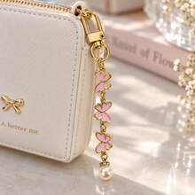 1pc Women's 3 Pink Butterfly Oil Drop Pendant With Faux Pearl Inlay Keychain, INS Style Bag Charm, Minimalist Creative Wallet Accessory - Pink - View 1