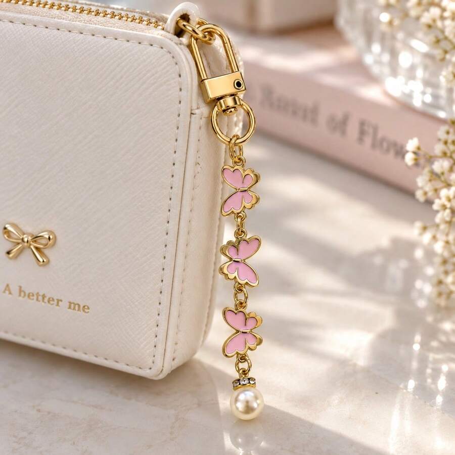 1pc Women's 3 Pink Butterfly Oil Drop Pendant With Faux Pearl Inlay Keychain, INS Style Bag Charm, Minimalist Creative Wallet Accessory - Pink - View 1