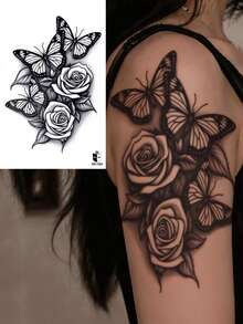 1pc Aesthetic Personalized Butterfly Rose Pattern Party Gift Holiday Gift DIY Music Festival Temporary Tattoo Sticker For Shoulder Neck Collarbone Back Hip Waterproof Body Skin - Black - View 1