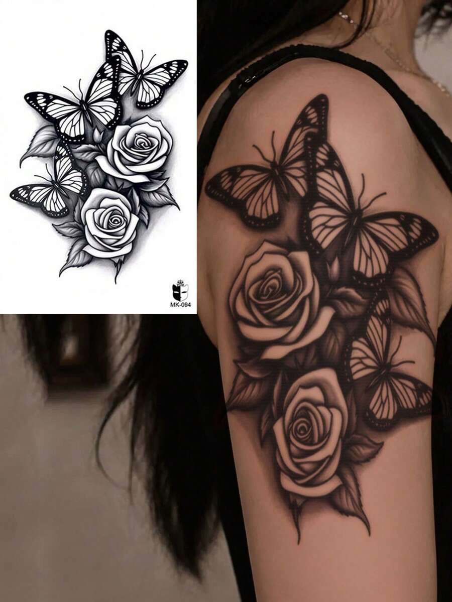 1pc Aesthetic Personalized Butterfly Rose Pattern Party Gift Holiday Gift DIY Music Festival Temporary Tattoo Sticker For Shoulder Neck Collarbone Back Hip Waterproof Body Skin - Black - View 1
