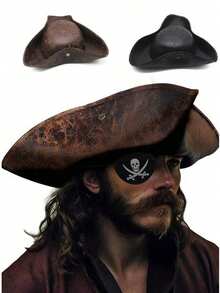 1pc Brown Faux Leather Funny Triangle Hat Halloween Sailor Pirate Hat With Eye Patch, Fashion Captain Hat Role Play Accessory, Suitable For Holiday Parties, Performances, Cosplay Costumes, Masquerade Balls And Other Occasions - A-party - View 3