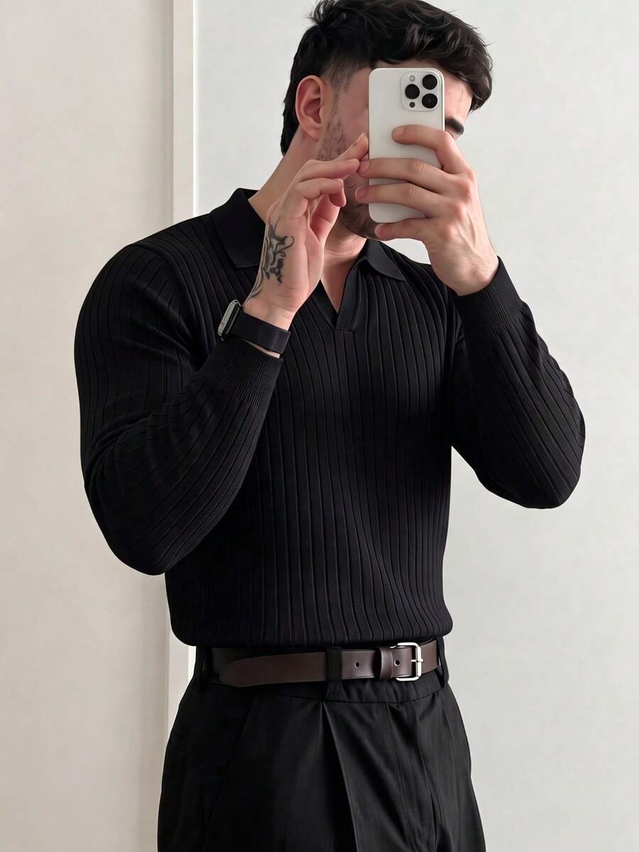 Men's Autumn/Winter Fashion Ribbed Shoulder Polo Collar Long Sleeve Sweater, Business/Casual Essential
