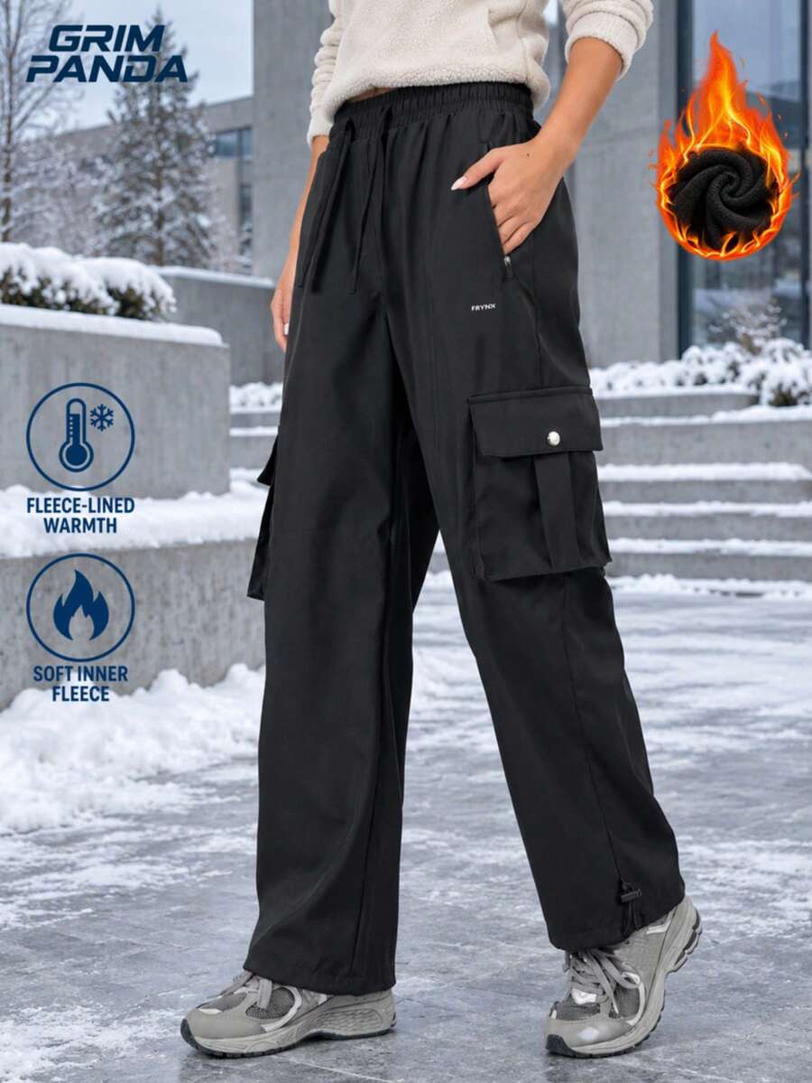 GRIM PANDA Women's Fall Winter Fleece Lined Cargo Pants Drawstring Elastic Waist Zip Pockets Straight Leg Thickened Warm Outdoor Hiking Daily Trousers - Black - View 1