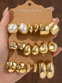 6-18pcs Gold Glossy Metallic Finish Earring Set, Geometric Multi-Style Women's Fashion Earrings, Hypoallergenic Lightweight ABS Material - Gold - View 7