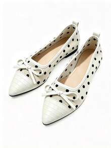 French Polka Dot Mesh Pointed Toe Flat Shoes For Women, Soft Bow & Plaid Toe Patchwork, Low-Cut Breathable Soft Sole Driving Loafers, Versatile For Commuting, Dating And Daily Wear - White - View 1