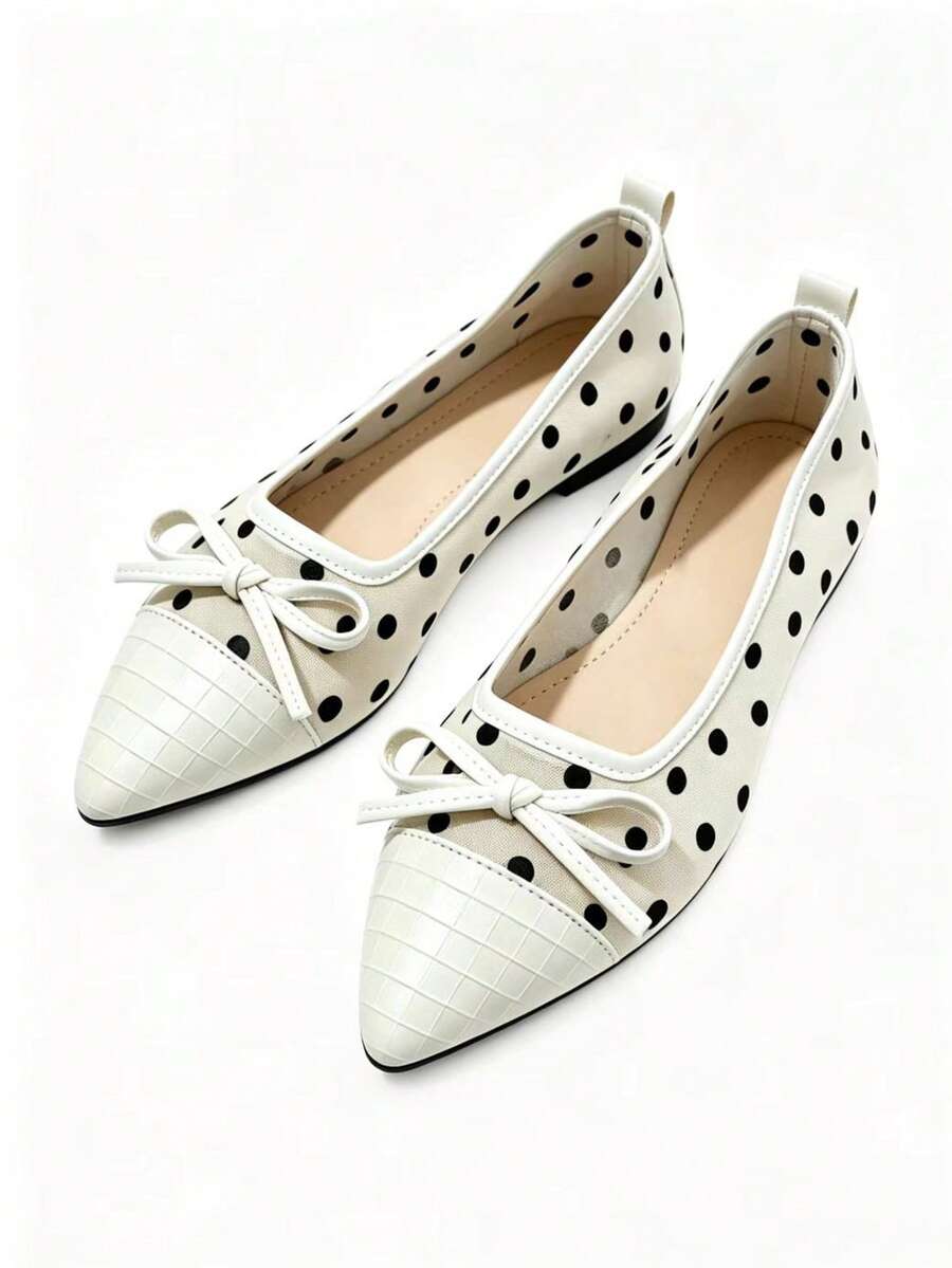 French Polka Dot Mesh Pointed Toe Flat Shoes For Women, Soft Bow & Plaid Toe Patchwork, Low-Cut Breathable Soft Sole Driving Loafers, Versatile For Commuting, Dating And Daily Wear - White - View 1