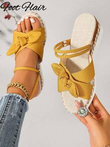 Foot Flair 女款黃色楔形厚底露趾涼鞋，波希米亞風，百搭大尺碼，適合夏季海灘度假 - 黃色 - 查看 2