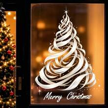 1pc Elegant Ribbon Christmas Tree Window Sticker, Merry Christmas Text With Sparkling Stars Static Window Decal, Single-Sided Printed Reusable PVC Glass Sticker For Indoor Windows, Modern Christmas Holiday Party Home Decor - Multicolor - View 4