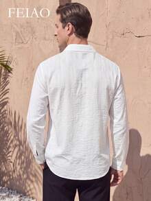 FEIAO Men's Vintage "Old Money" Textured Button Long Sleeve Shirt, Suitable For Commuting, Casual And Vacation, Versatile All-Season Style - White - View 2