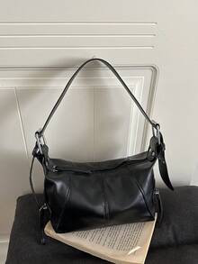 Tas Bahu Kulit Resleting Desain Niche untuk Gadis Keren, Tas Lengan Gaya Vintage Eropa dan Amerika dengan Kantong Resleting, Produk Baru - Hitam - View 11