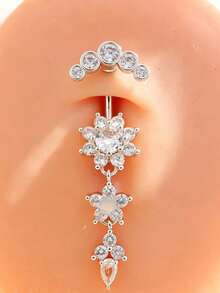 1pc Gold Rhinestone Flower Star Water Drop Tassel Pendant Belly Button Piercing Jewelry, Fashion Long Dangle Style For Women - Silver - View 10