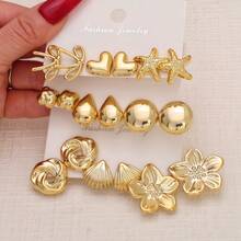 1 Set/3pcs/9pcs Multi-Style CCB Golden Earrings, Bow & Starfish & Flower & Chunky Stud Earrings, Statement Fashion Jewelry - Yellow Gold - View 3