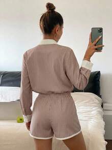 DAZY 2pcs/Set Women's Loose Comfortable Breathable Long Sleeve Top + Shorts Cute Pajama Set - Brown - View 2
