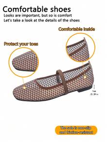 XfxfLadies' Mesh Flat Sole Shoes With Hollow Elastic Band Design, Breathable And Comfortable, Suitable For Travel/Casual Daily/Commuting Wear. - Brown - View 7