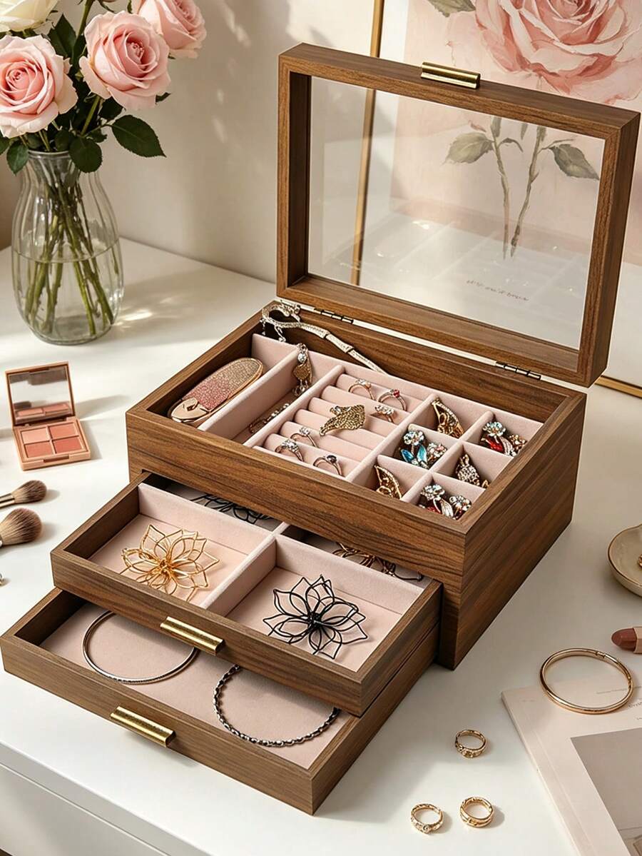 3-Layer Large Capacity Wooden Jewelry Storage Box With Lock, Portable Jewelry Box, Jewelry Storage Box With Drawers For Vanity - Multicolor - View 1
