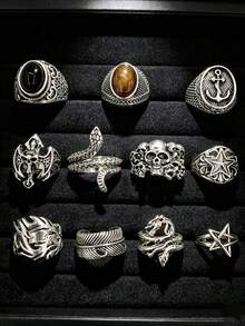 Gothic Men's Ring Set Punk Hip Hop Multi-Piece Finger Rings Party Holiday Daily Wear Finger Accessories Fashion Jewelry Gift Unisex - Antique Silver - View 13
