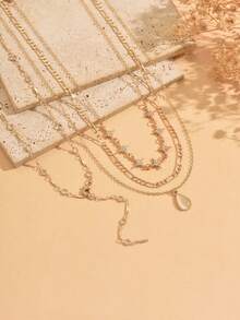 4pcs/Set Luxury Versatile 8-Point Star Rhinestone Chain Decorated Teardrop Pendant Necklace Fashion Women's Neck Jewelry Suitable For Daily Commute, Date, Party Occasions And Gift For Best Friend, Chain Length Cut Randomly - Multicolor - View 3