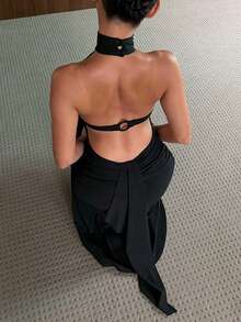 Women's Sleeveless Halter Backless Knitted Midi Dress, Fitted And Elegant For Party And Sexy Style - Black - View 5