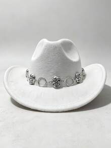 1pc Gothic Silver Skull Hat Chain, Punk Metal Hat Strap, Western Cowboy Hat Decorative Chain, Halloween Costume Accessory - Silver - View 1