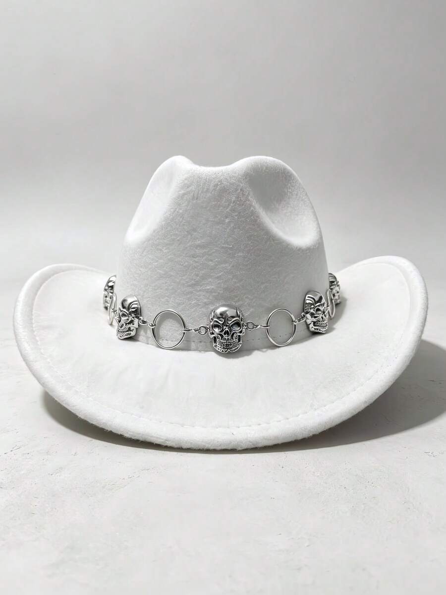 1pc Gothic Silver Skull Hat Chain, Punk Metal Hat Strap, Western Cowboy Hat Decorative Chain, Halloween Costume Accessory - Silver - View 1