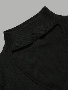 DONICY Sweater Rajut Crop Wanita Warna Hitam dengan Kerah Tinggi dan Potongan Depan, Atasan Rajut Slim Lengan Panjang Pas Badan untuk Lapisan di Musim Semi dan Gugur - Hitam - View 4