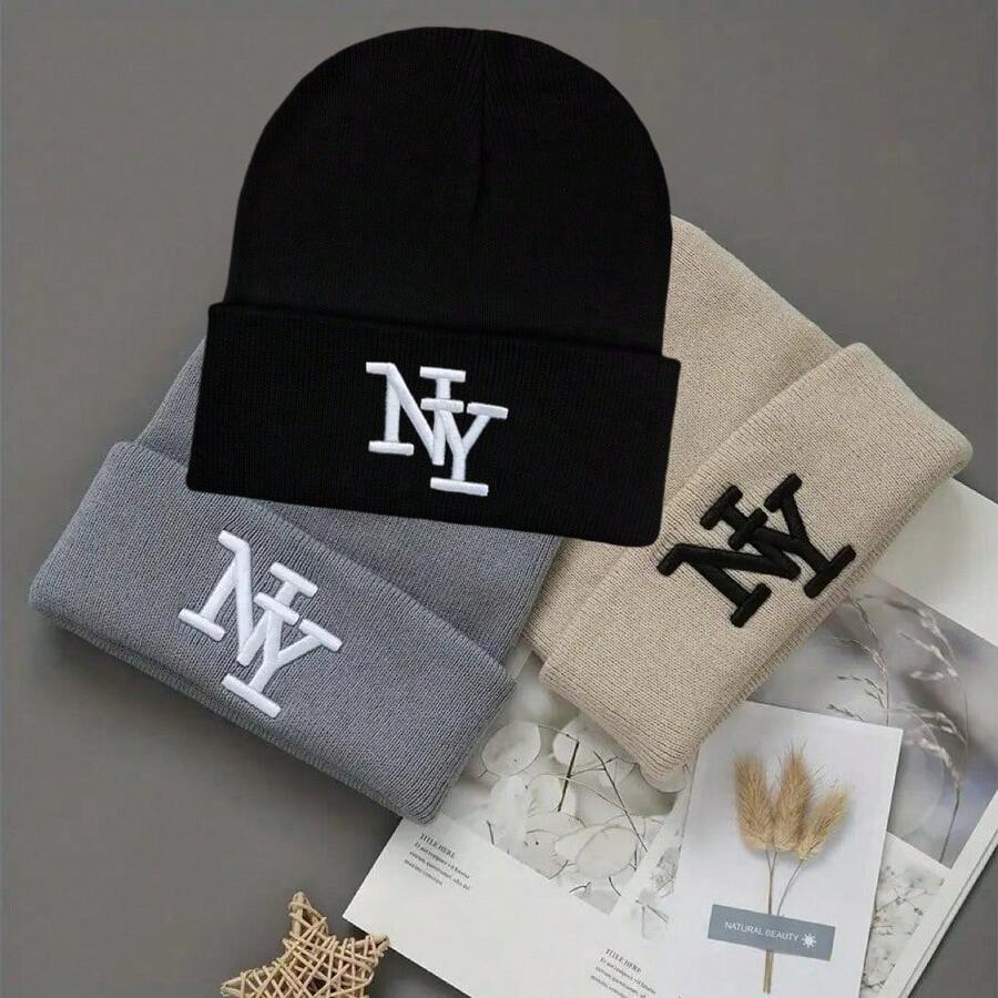 1 chiếc mũ len beanie thêu New York mùa đông unisex mới, mũ ấm mềm không vành, phong cách thanh lịch đa năng - Nhiều màu - Xem 1