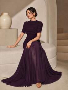 Elegant Women's Charming Long Stand Collar Pleated Chest Formal Evening Gown, Ruffle Flare Skirt, Perfect For Special Occasions - Maroon - View 1