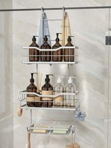 3-Tier Over-The-Door Shower Caddy, Large Capacity, With 2 Soap Dishes And 8 Hooks, Rust-Resistant Easy Installation, Suitable For Bathroom Door, Black/Silver, Bathroom Accessories, Room Decor - Multicolor - View 1