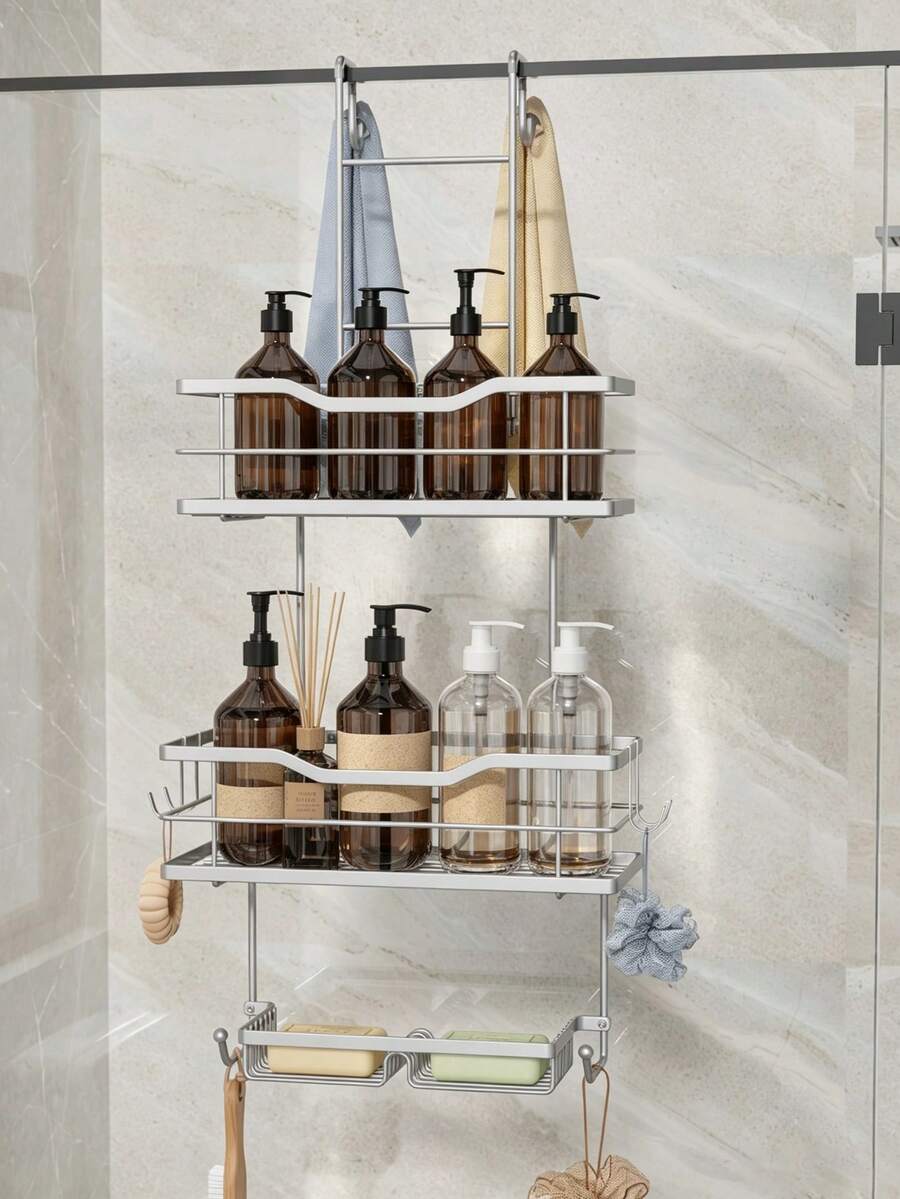 3-Tier Over-The-Door Shower Caddy, Large Capacity, With 2 Soap Dishes And 8 Hooks, Rust-Resistant Easy Installation, Suitable For Bathroom Door, Black/Silver, Bathroom Accessories, Room Decor - Multicolor - View 1