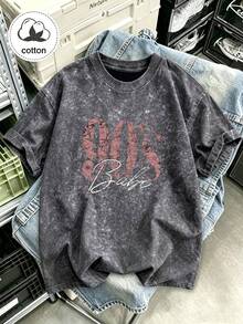 Camiseta de mujer de talla grande con estampado vintage de los 90, top casual de manga corta con gráfico de letras grandes retro, lavado, apto para todas las estaciones, lavable a máquina, ajuste holgado - Negro y gris - Ver 6
