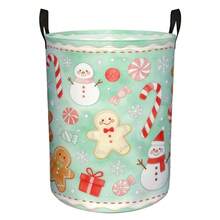 1PC Mint Green Gingerbread Man & Snowman Print Storage Bucket With Handles, Large Capacity Fabric Storage Basket - Mint Green - View 6