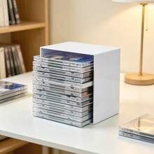 1 قطعة صندوق تخزين CD DVD، حامل منظم أقراص بلاستيكي، رف تخزين وسائط مربع لغرفة المعيشة وحامل التلفزيون، رف حامل CD أبيض لمجموعة الأفلام والموسيقى وألعاب الفيديو، إكسسوار أثاث منزلي مدمج موفر للمساحة لغرفة الوسائط - أبيض - مشاهدة 1