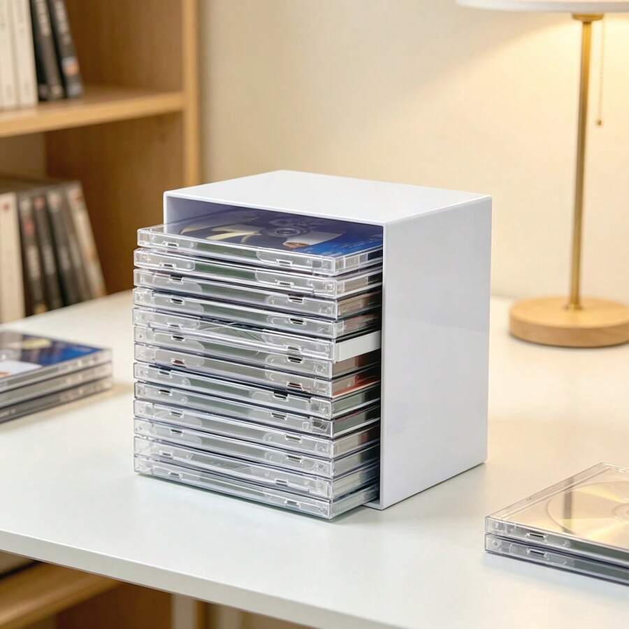 1 قطعة صندوق تخزين CD DVD، حامل منظم أقراص بلاستيكي، رف تخزين وسائط مربع لغرفة المعيشة وحامل التلفزيون، رف حامل CD أبيض لمجموعة الأفلام والموسيقى وألعاب الفيديو، إكسسوار أثاث منزلي مدمج موفر للمساحة لغرفة الوسائط - أبيض - مشاهدة 1