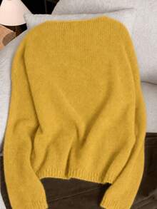 Women's Spring/Autumn Loose Soft Cozy Slouchy Minimalist Versatile Fashion Solid Color Knit Top, Suitable For Outerwear, Base Layer And Daily Wear - Yellow - View 6