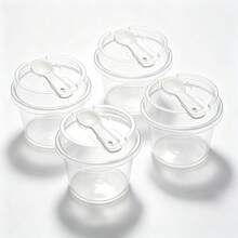 100pcs/50pcsClear PET Plastic Dessert Cups With Lid & Attached Spoon, Disposable Transparent Pudding Yogurt Container, Overnight Oats Fruit Salad Bowl For Bakery, Party & Homemade Dessert.Random Stickers - Transparent - View 7