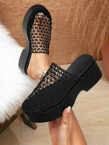 Women's New Mesh Hollow Round Toe Open Toe Thick Sole Wedge Heel Mule Slippers, Chunky Heel Slip-On Summer Outdoor Half-Sandal - Black - View 1