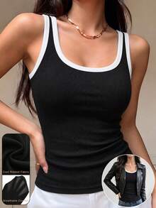 Women's Minimalist Contrast Trim Ribbed Knit Tank Top, Round Neck Slim Fit Skin-Friendly Sleeveless Casual Basic Top, Summer Daily Vacation Layering Top - Black - View 2