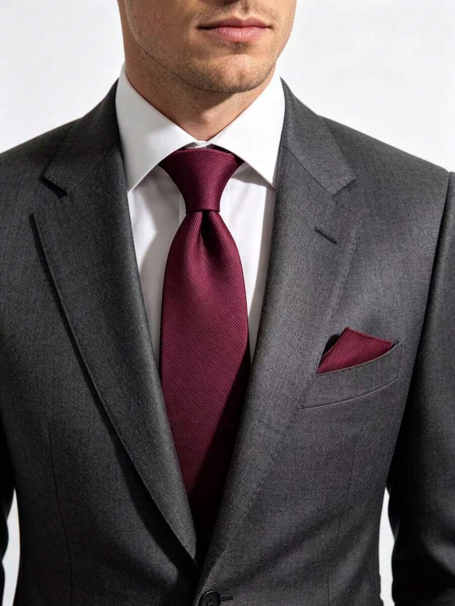 1pc Men's 8cm Textured Tie & Pocket Square 2 Pieces Set, Suitable For Wedding, Party, Groom, Business Casual, Birthday, Dinner Party - Burgundy - View 1