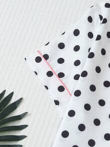 2pcs Women's Comfortable Polka Dot Print Short Sleeve Collared Top And Bow Shorts Pajama Set - White - View 5