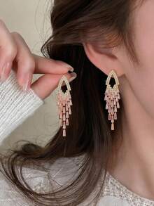 1 Pair Gorgeous Personalized Pink Glass Tassel Earrings Suitable For Women's Wedding Party Banquet Wear - Golden Yellow + Pink - View 2