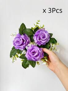 MEHELANY 3/1件裝紫色人造玫瑰桌飾中心裝飾，附綠植仿真花卉桌旗，假玫瑰花環，適用於居家餐桌、生日派對、婚禮接待、新娘婚前派對、農舍風桌飾 - 紫色 - 查看 7