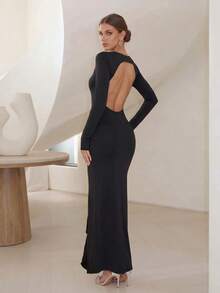 Gaun Maxi Lengan Panjang Leher Persegi Hitam Elegan Colysmo untuk Musim Gugur, Gaun Bodycon Berenda dengan Belahan Tinggi untuk Gaya Pengantin, Peragaan Busana Hoco, Pesta Koktail, dan Acara Malam Hari - Hitam - View 2