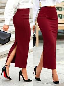 RNU Red Elegant Commuter High Waist Slim Fit Sexy Slit Pencil Skirt, Casual Office Party Versatile Solid Color Skirt For Spring Summer Autumn Winter, Halloween Valentine's Day Christmas New Year Outfit - Red - View 2