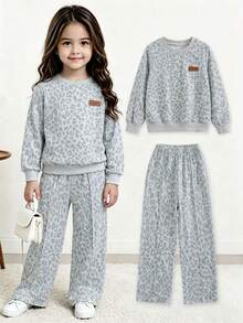 Bộ 2 món cho bé gái gồm áo sweatshirt tay dài họa tiết da báo phong cách thời trang thường ngày và quần ống đứng họa tiết da báo, mùa xuân thu - Xám - Xem 1