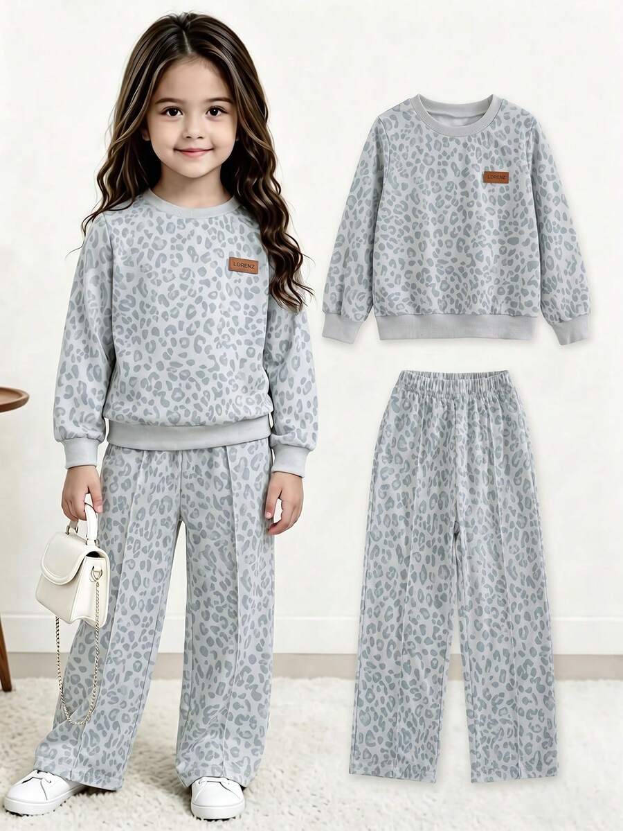 Bộ 2 món cho bé gái gồm áo sweatshirt tay dài họa tiết da báo phong cách thời trang thường ngày và quần ống đứng họa tiết da báo, mùa xuân thu - Xám - Xem 1